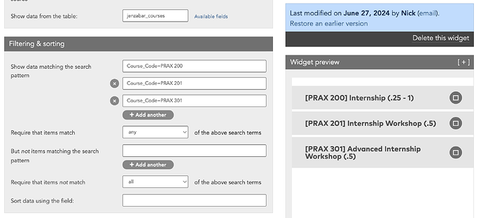 Example of a "data_source" widget from a custom module, showing specific courses.