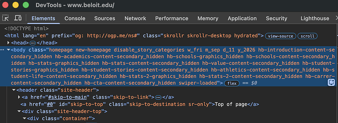 Browser console view of the date classes on the body element.