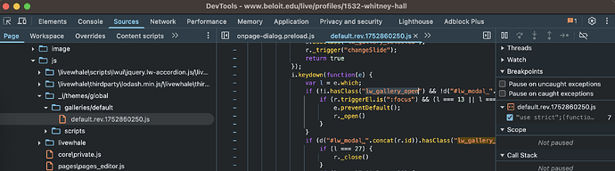 Browser Sources, showing that galleries/default/default.js is loaded.