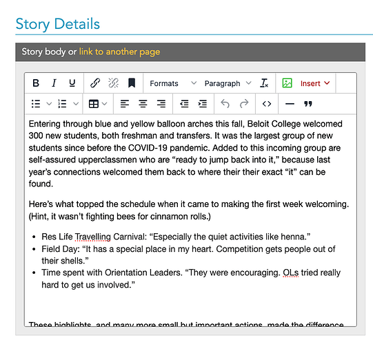 View of the story editor.