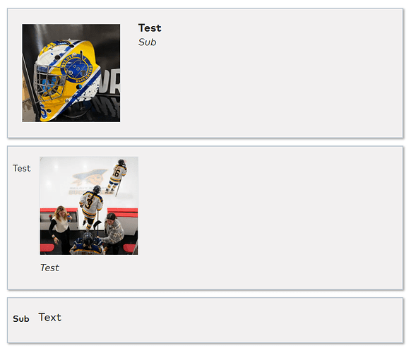 With an removed editable region, content is moved into later blocks, such as the first block's text appear in the first block's image section.