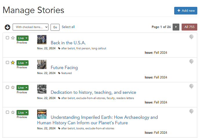 A list of magazine stories, with the custom "Magazine Issue" appearing for each story.