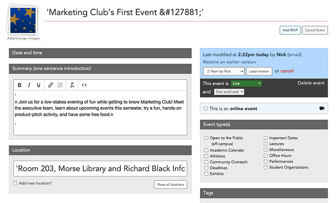 Event edit history, showing apostrophes around all text fields, an extra "n" in the summary, etc.