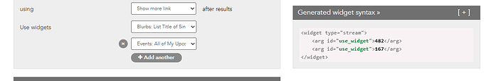 Example of the widget interface for Stream widgets, showing a selection of widgets made in CMS.