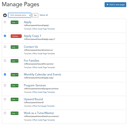 A list of pages, showing two new pages that appear to be copies of an Apply page.