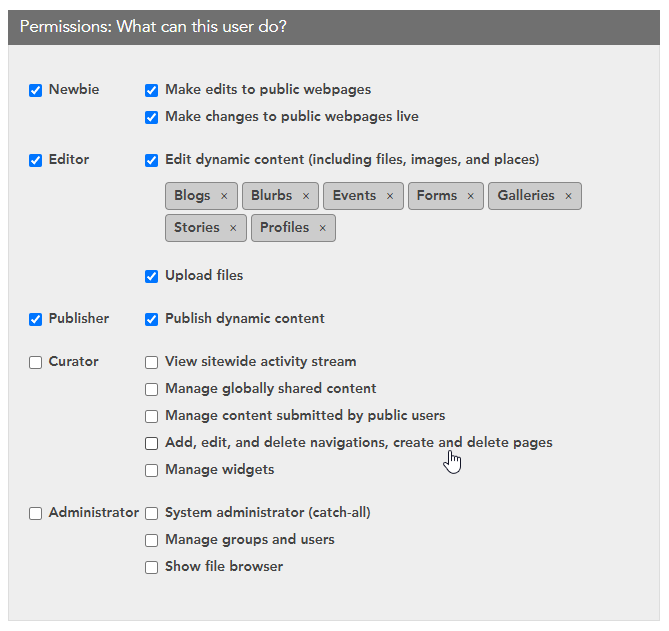 A list of LiveWhale editor permissions, with "Create and Delete Pages" not enabled.