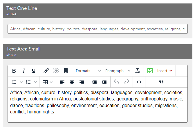 Two text fields, text and textarea (small).